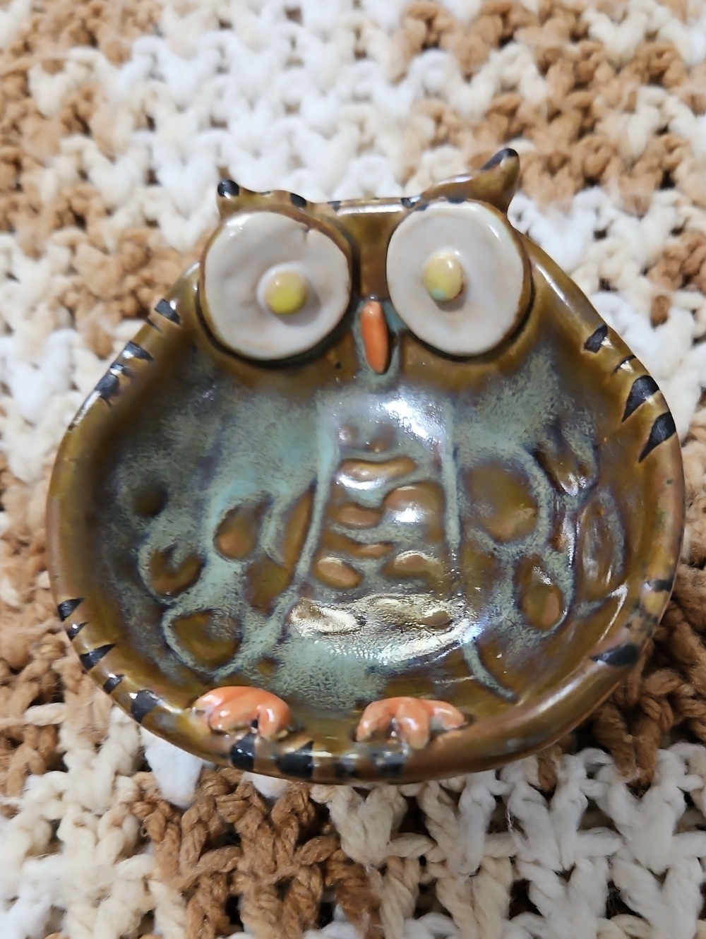 Owl Glazed Pottery Small Trinket Bowl Dish 4"